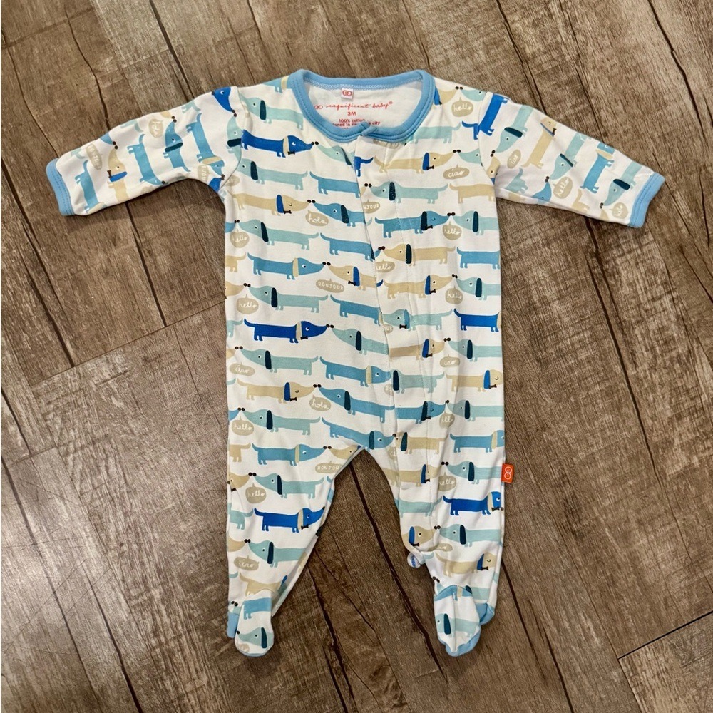 Magnificent Baby Dachshund Dog Magnetic Footie Sleeper Blue Tan 3M